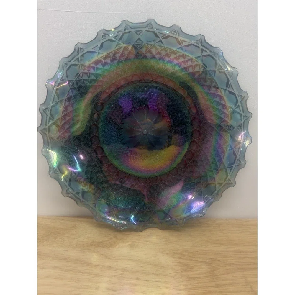 Vintage‎ Indiana Glass Iridescent Carnival Diamond Flower Tray Dish Bowl 10